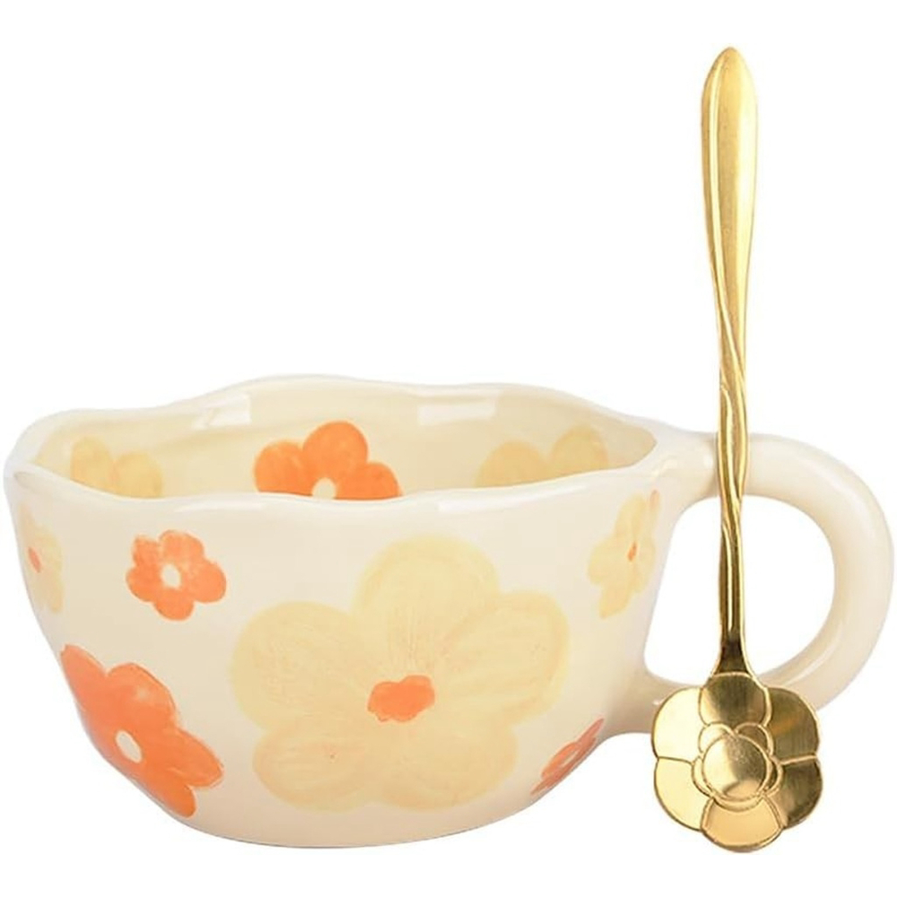 Handpainted Flower Ceramic Aesthetic Tea Mug with Spoon